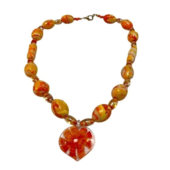 Heart Pendant Murano Style Glass Bead Necklace Orange - Picture 11 of 11